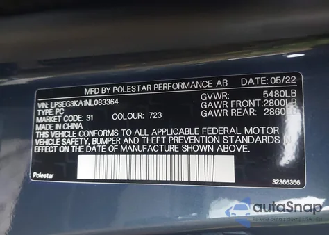 2022 Polestar 2 Long Range Single Motor z USA, uszkodzony, nr VIN LPSEG3KA1NL083364